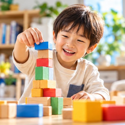積み木を積み上げて笑顔の子ども