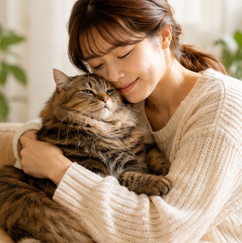 猫を抱く飼い主