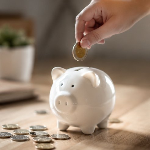 豚の貯金箱に硬貨を入れる