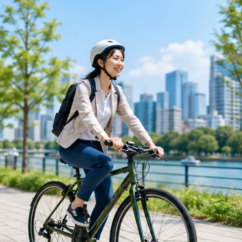 自転車で通勤する女性