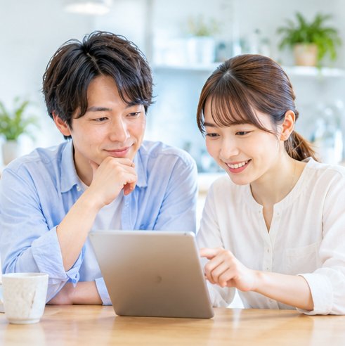 タブレットで調べる二人