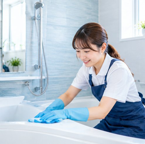 浴室を掃除する女性