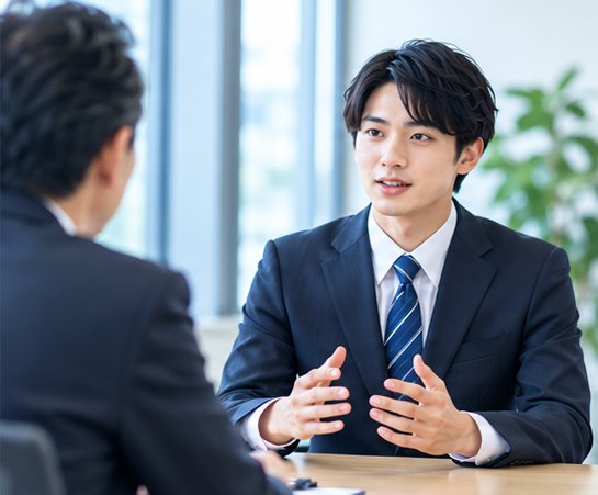 面接で話す男性