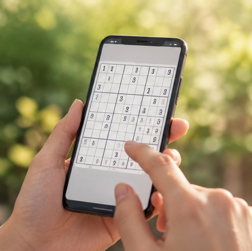 通勤・通学中にスマホでナンプレクエストを遊ぶイメージ