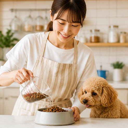 フードを与える飼い主と小型犬
