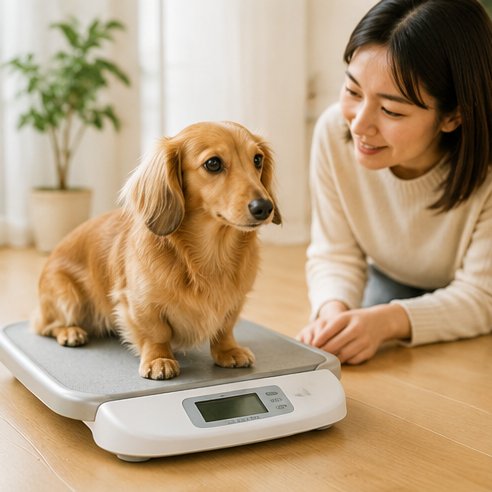 体重計に乗る犬と飼い主