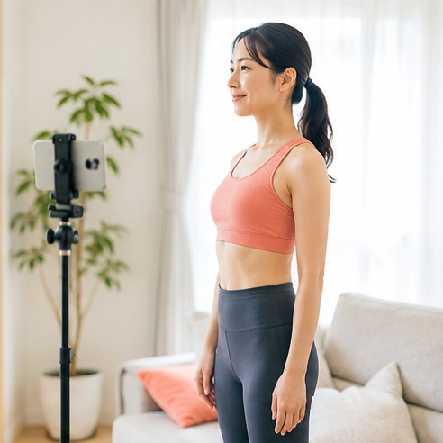 スマートフォンで自分の姿勢をセルフチェックする女性