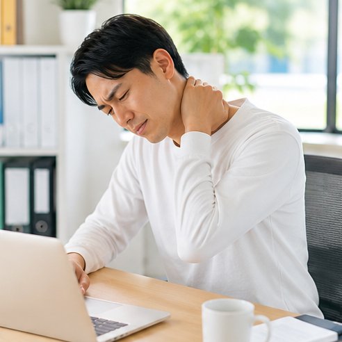 デスクで首・肩のこりに悩む男性