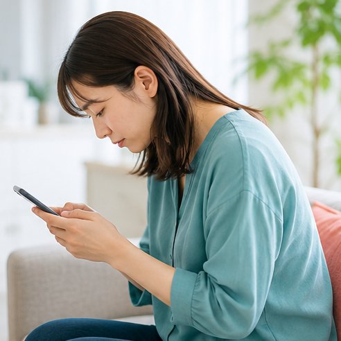 スマホを見て猫背になる女性