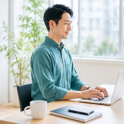 正しい姿勢でデスクワークをする男性