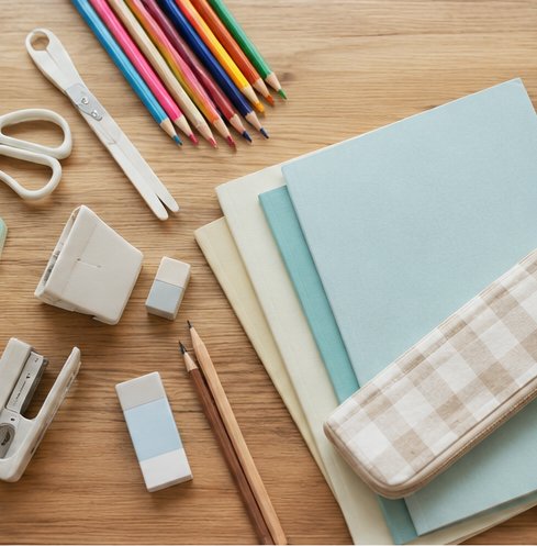 机に並んだ鉛筆・ノートなどの学用品