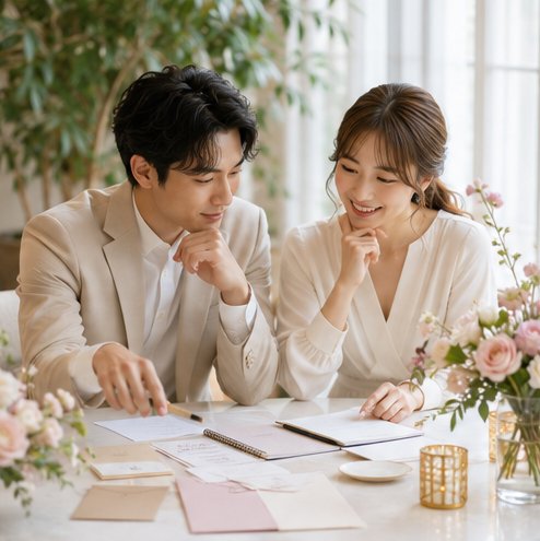 結婚式の準備をするカップル